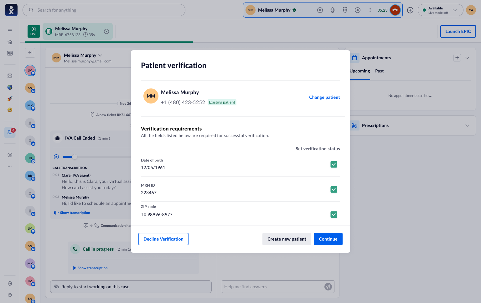 Patient verification modal with all three fields checked and Continue enabled